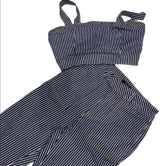FOREVER 21 Striped Denim Crop Top and Wide Leg Jean 2 Piece Set Size Sma… - Picture 6 of 15